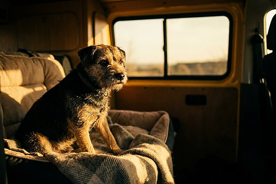 Pies w transporterze przygotowanym do podróży